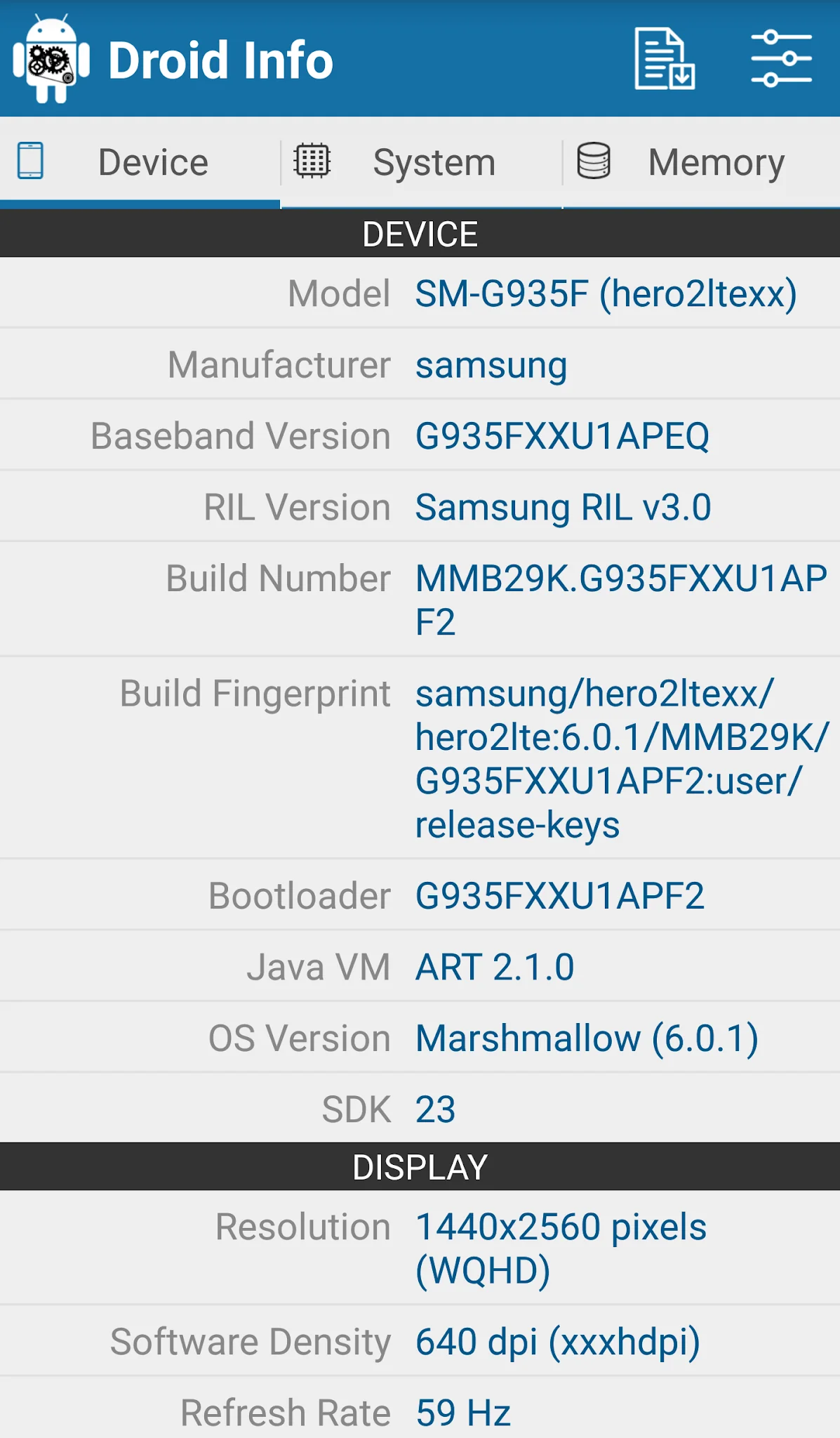 Zrzut ekranu Droid Hardware Info 1