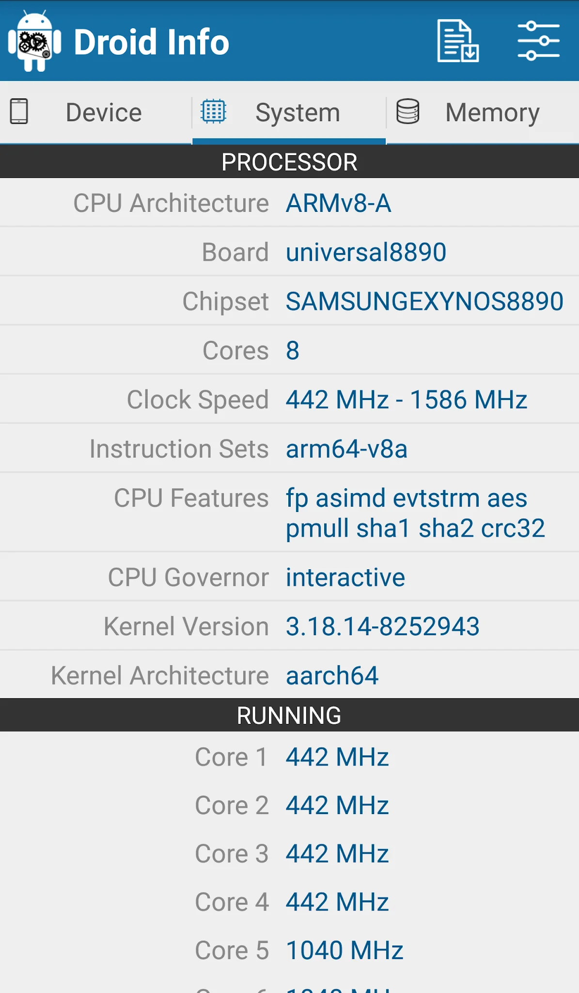 Zrzut ekranu Droid Hardware Info 2